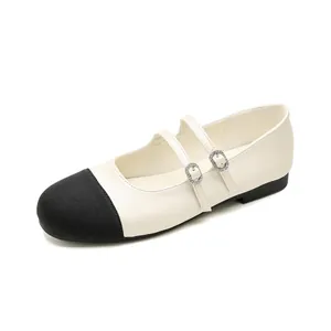 Ballerines Mary Jane bicolores de style français en beige et noir avec doubles brides à boucles
