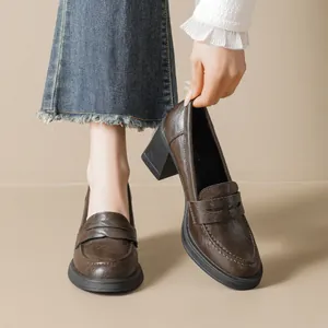 Retro braune Loafer mit Blockabsatz, dicker Plateausohle und klassischem Riemendesign