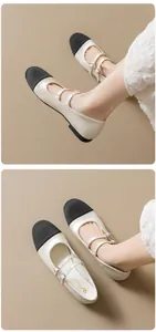 Détails des ballerines Mary Jane bicolores en cuir beige avec bout rond noir