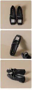 Détails de ballerines Mary Jane en velours noir avec strass et boucle métallique
