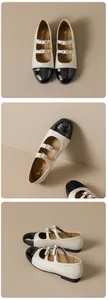 Détail de Mary Janes crème avec bout noir, camélia en relief et boucles en cristal brillant