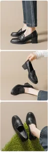 Detailed views of black leather platform loafers featuring thick heels and textured finish