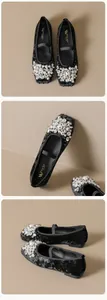 Detail of black velvet Mary Jane flat with ornate pearl and rhinestone embellishments
