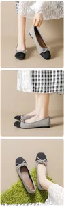 Close-up of ballet flats with bow detail, grey and black suede finish in a stylish collage