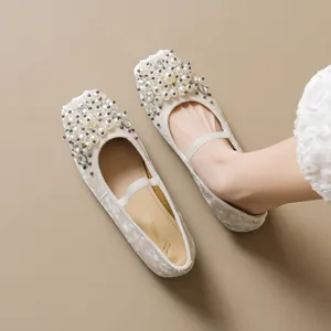 French Retro Pearl Rhinestone Mary Jane Shoes For Women Elegant Suede Square Toe Ballet Flat Shoes Comfortable Elastic Strap Party Wedding Shoes