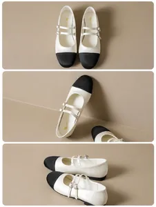 Trois vues de ballerines Mary Jane bicolores avec boucles en strass et bout en satin