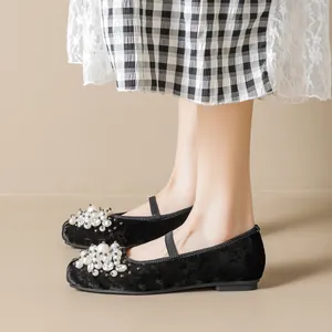 French style ballet flats for girls featuring black velvet and pearl floral embellishments