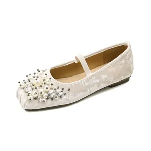 Elegant champagne ballet flats with pearls and rhinestones on square toe design