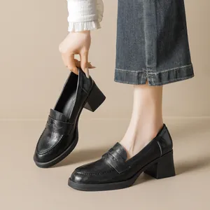Women Retro Block Heel Loafers Platform Slip-on Round Toe Microfiber Leather Shoes Elegant Solid Color Office Casual Pumps