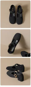 Vues détaillées de chaussures Mary Jane en daim noir avec bride en T et boucle dorée