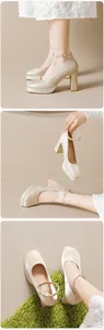 Macro detail of champagne satin square toe chunky heel with a metallic buckle strap