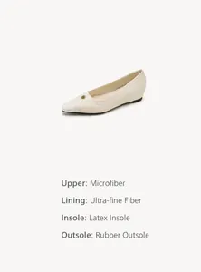 Detail view of beige pointed-toe flat with gold rose buckle and material specifications