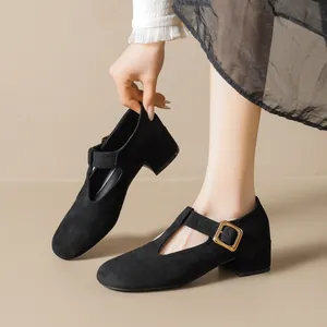 Chaussures Mary Jane en Daim Vintage pour Femmes Bride en T Bout Rond Talon Épais Boucle Rétro Décontracté Escarpins Mode