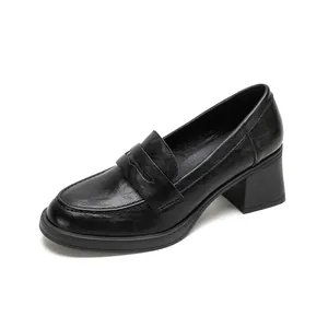 Classic black leather chunky heel loafers with a round toe and retro office style