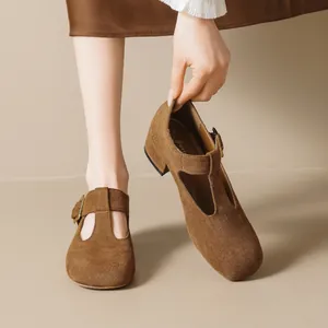 Chaussures Mary Jane rétro en daim marron avec talons épais et bride en T pour femmes