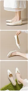 Macro detail of pointed toe flats featuring textured fur material and golden flower buckle