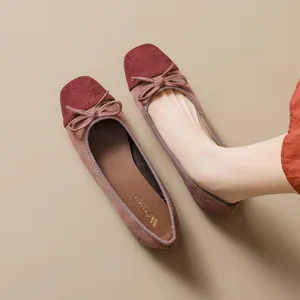 Women's Elegant Two-Tone Ballet Flats Suede Square Toe Bow Shallow Mouth Casual Slip On Comfort Office Dress Flat Shoes
