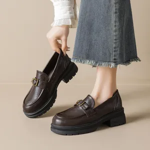 Women Retro Platform Loafers With Metal Buckle Round Toe British Preppy Style Microfiber Leather Chunky Heel Casual Dress Shoes