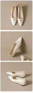 Macro shot of pointed-toe flats featuring plush velvet toe and golden flower buckle detail