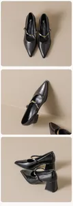 Detailed views of French Mary Jane heels with gold chain buckle and block heels