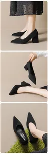 Detalle de zapatos negros de gamuza con punta fina y tacón de bloque elegante