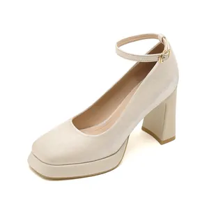 Elegant beige platform Mary Jane pumps with thick high heels and ankle strap
