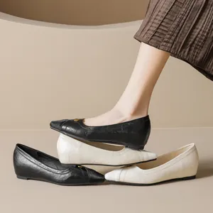 Elegant pointed ballet flats for women with leather patchwork and gold buckle detail