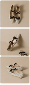 Vues détaillées de ballerines beiges à pois à bout pointu avec nœuds et boucles