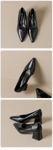 Vistas detalladas de zapatos negros de punta con tacón bloque y acabado de cuero fino