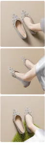 Detail of pointed toe flat shoes featuring grey suede and gold star-shaped metal studs