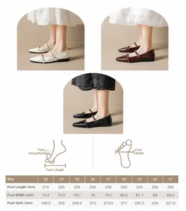 Guida alle taglie dettagliata per scarpe Mary Jane con misure del piede dalla 33 alla 41