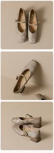 Makro-Detail von Satin-Mary-Janes mit eckiger Zehe, champagnerfarbenem Metallic-Finish