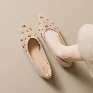 Women Vintage Suede Pointed Toe Flat Shoes With Metal Star Rivet Decor Elegant Shallow Mouth Soft Sole Slip On Flats