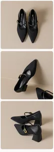 Primer plano de zapatos Mary Jane negros de punta con acabado de ante y tacones anchos