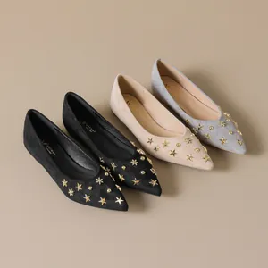 Women's pointed toe flat shoes with metallic star studs in black, beige and blue