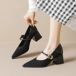 Zapatos Mary Jane para Mujer Estilo Francés Punta Estrecha Tacón Alto de Bloque Gamuza Hebilla de Metal Elegante para Trabajo