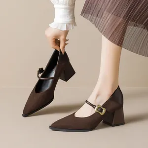 Zapatos Mary Jane de ante marrón oscuro con punta fina y tacón bloque mediano