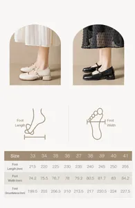 Guide des tailles pour escarpins Mary Jane incluant longueur et largeur du pied