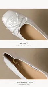 Detalle del tejido y lazo en estas bailarinas planas de punta cuadrada color crema