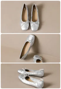 Detalle macro de bailarinas plateadas de cuero trenzado con lazo elegante y punta cuadrada