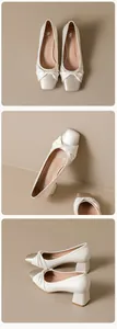Macro detail of French style square toe pumps with twisted satin knots and stable block heels