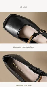 Détail de la chaussure Mary Jane en cuir noir brillant avec bout carré et boucle dorée