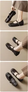 Dettagli di scarpe Mary Jane in pelle marrone vintage con cuciture e cinturino a fibbia