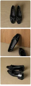 Detailed views of black square toe flats with bow tie decor and mixed texture materials