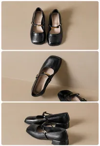 Vue multi-angle de chaussures Mary Jane noires en cuir mat avec boucle dorée et talons