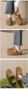 Three perspectives of brown suede mule slippers featuring vintage adjustable metal buckles