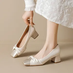 French Elegant Square Toe Chunky Heel Pumps With Twist Bow Microfiber Satin Splicing Women Shoes Office Career Formal Footwear