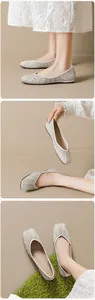 Detailansicht champagnerfarbener Satin-Ballerinas mit Strass und Perlen für Hochzeiten