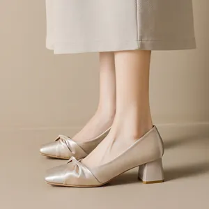 Elegant champagne satin square toe chunky heel pumps with pleated knot detail for women