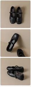 Dettaglio di scarpe Mary Jane in pelle nera con decorazioni brogue e fibbie in metallo